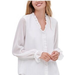 Tommy Hilfiger White Sheer Ruffle Front Poet Blouse XS Country Boho Cottagecore